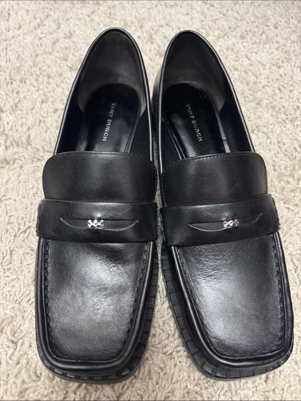 Tory Burch Black Leather Slip-On Penny Loafers